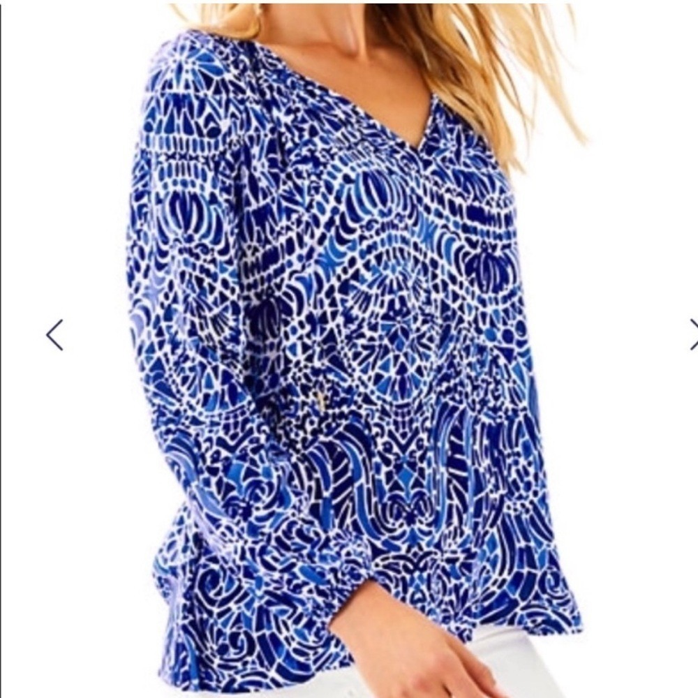 Lilly Pulitzer Willa Top Taverna Tile Blue White Long Sleeve Size XS
